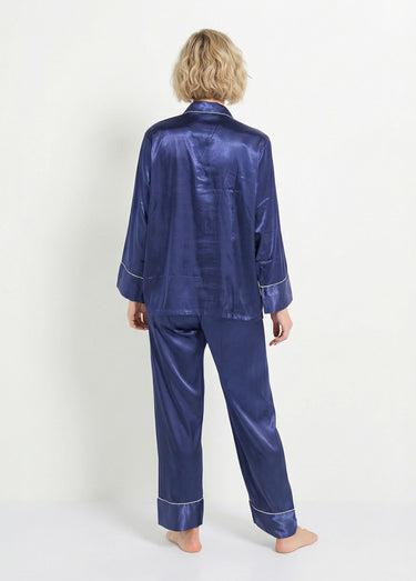 Pyjama long satin passepoil contrastant Marine