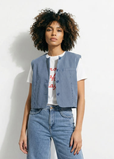 Gilet court sans manches en twill rayé Raye Bleu