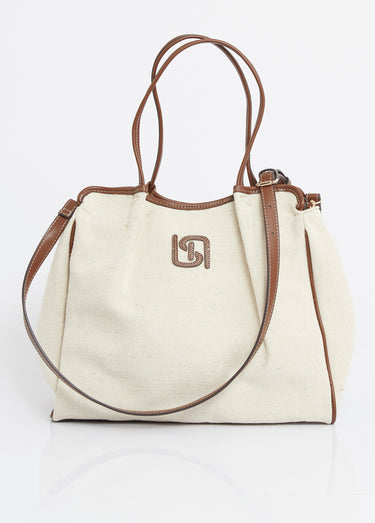 Sac shopping toile, détails simili cuir Ecru