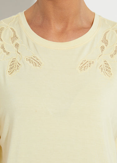 T-shirt coton brodé ajouré col rond Jaune