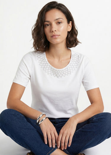 T-shirt jersey coton fantaisie cloutée Blanc