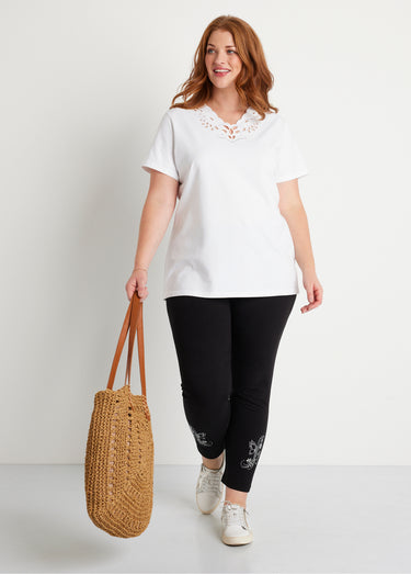T-shirt col V ajouré brodé Blanc