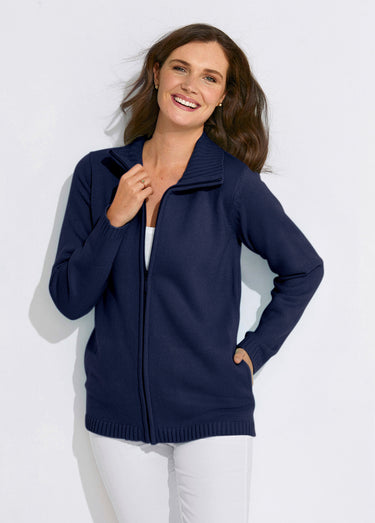 Gilet zippé long uni col montant Marine
