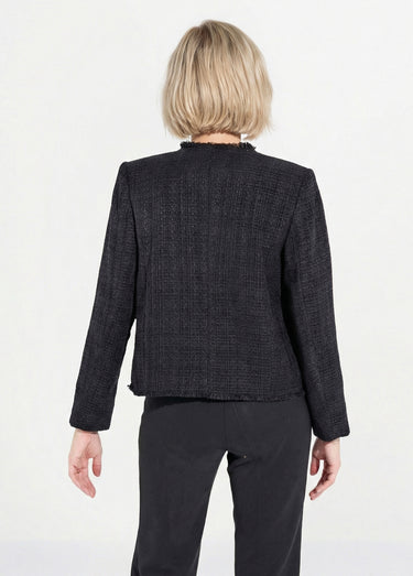 Veste tweed boutonnée frangée sans col Noir