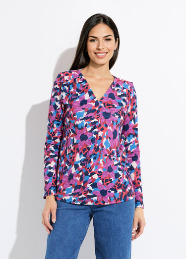 T-shirt chaud évasé col V imprimé multicolore Imprime/Bleu