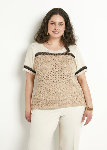 Pull doux brillant manches courtes col rond Beige/Noir