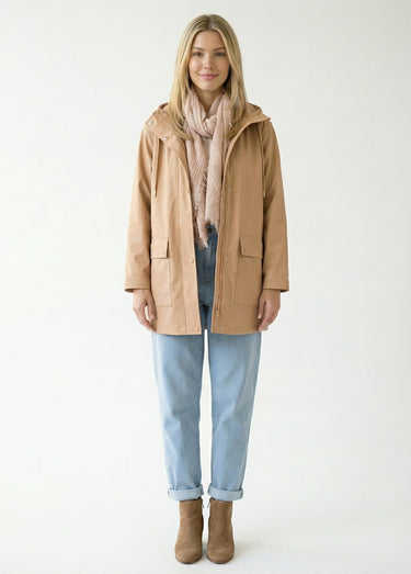 Parka à capuche zippée pressionnée déperlante Camel