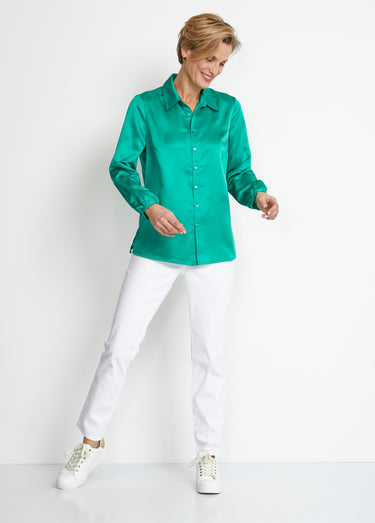 Chemisier long droit boutonné en satin Uni Vert