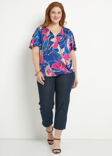 T-shirt cache-coeur long blousant motif floral Bleu/Rose