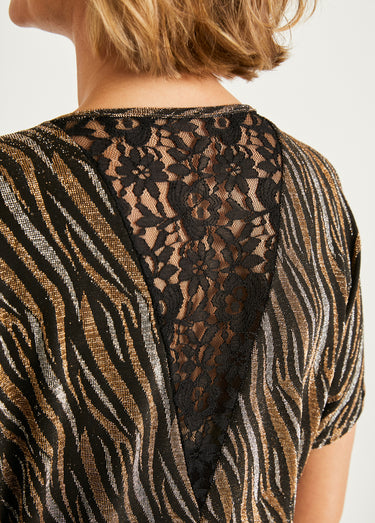 T-shirt court maille brillante jacquard dentelle Noir/Cuivre