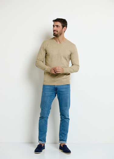 Pull col V maille empiècements coudes Beige