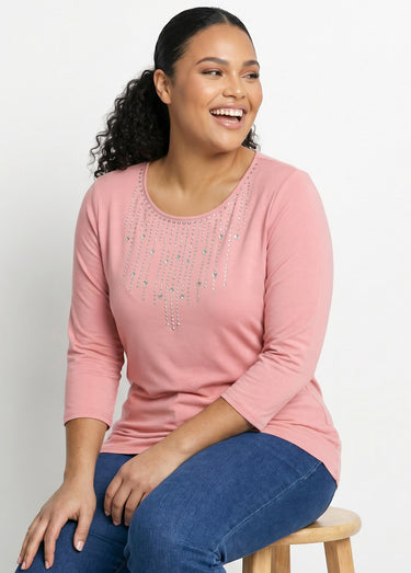 T-shirt manches 3/4 clouté fantaisie Rose