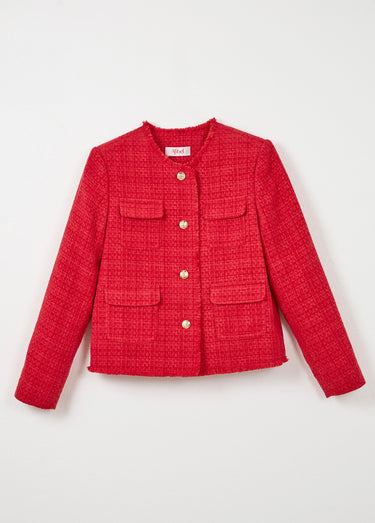 Veste tweed boutonnée frangée sans col Rouge