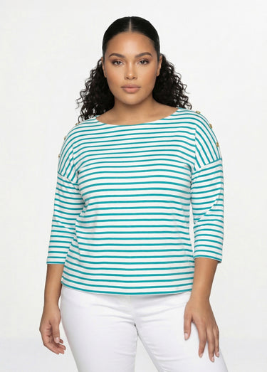 T-shirt marinière rayé manches 3/4 Blanc/Aqua