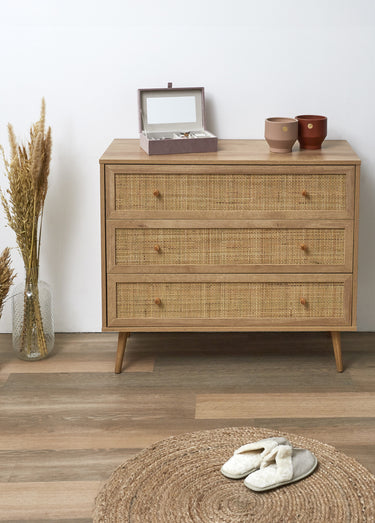 Commode 3 tiroirs, en bois et cannage Marron