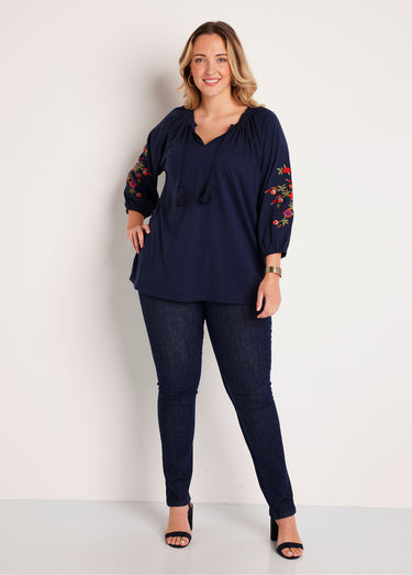 T-shirt long brodé manches 3/4 Marine
