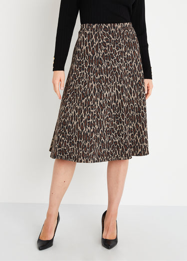 Jupe longue évasée maille jacquard Marron Leopard