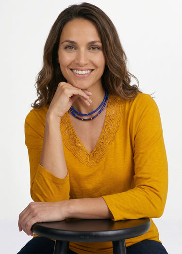 T-shirt manches 3/4 coton et macramé Miel