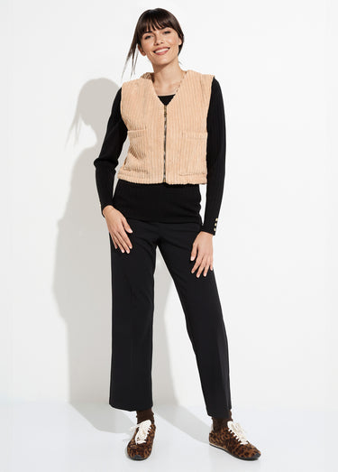 Veste zippée col V sans manches velours Camel