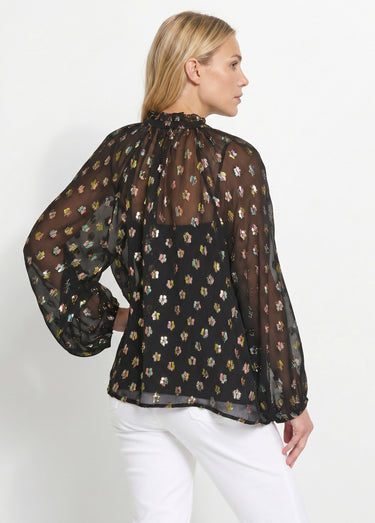 Blouse voile motifs métallisés encolure V Noir