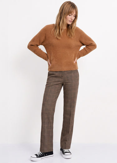 Pantalon droit taille semi élastiquée Carreaux Beige