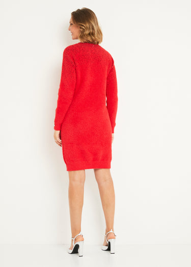 Robe pull courte brillante maille poilue Rouge