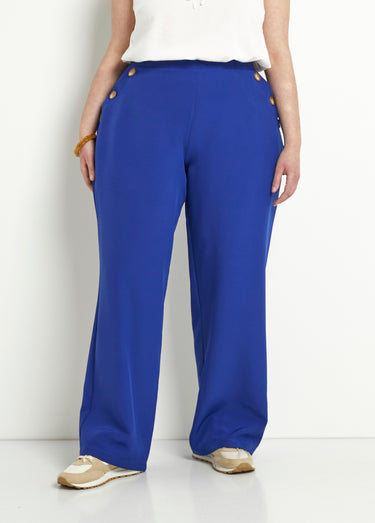 Pantalon large uni taille semi-élastiquée Bleu