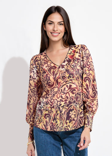 Tunique col V imprimé fleuri baroque Beige/Marron