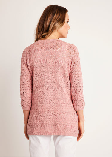 Gilet long ajouré coton manches 3/4 Rose Poudre