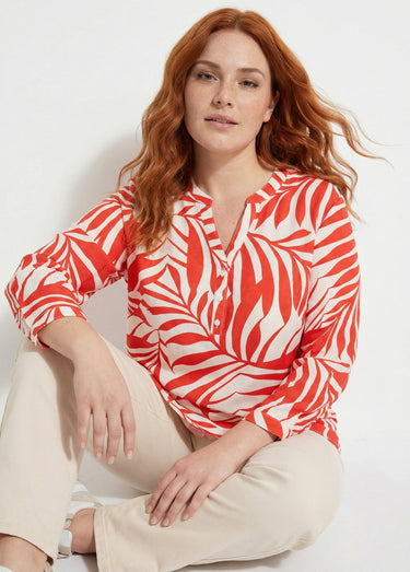 Tunique motif feuillage manches longues Rouge/Ecru
