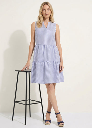 Robe seersucker rayé sans manches volantée Bleu / Blanc
