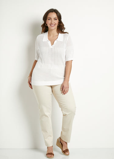 Pull fin col polo ajouré manches courtes Blanc