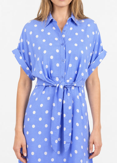 Robe longue à pois, manches courtes Bleu