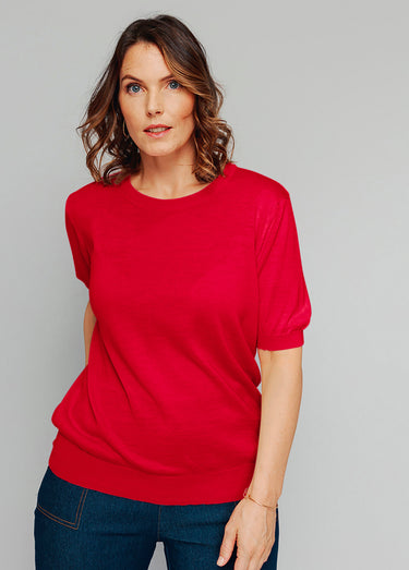 Pull laine mérinos chaud manches courtes Carmin