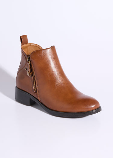 Low boots à talon large et zip déco Camel
