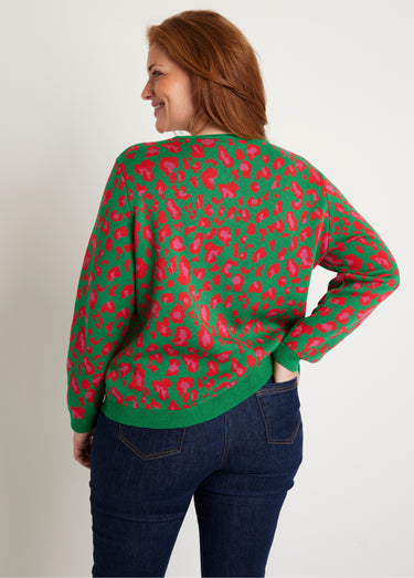 Pull motif léopard col rond Vert