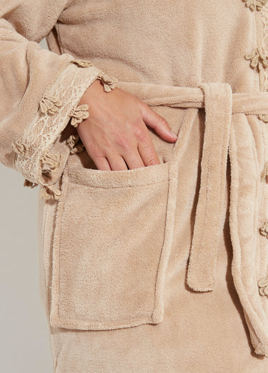 Robe de chambre polaire bord dentelle Taupe