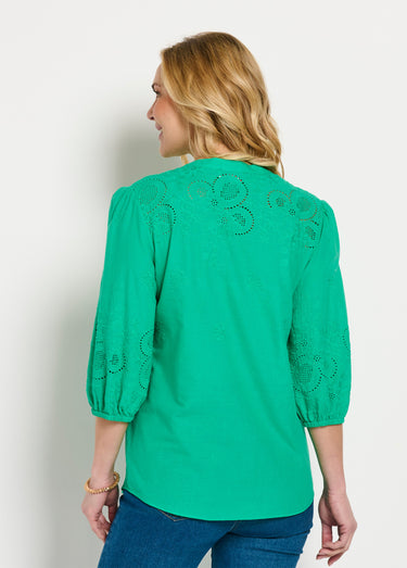 Chemisier long coton brodé manches 3/4 Vert