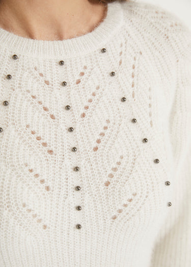 Pull doux maille poilue col rond perlé ajouré Ecru
