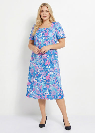 Robe-tablier courte manches courtes Bleu