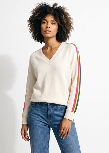 Pull col V manches lignes multicolores Beige