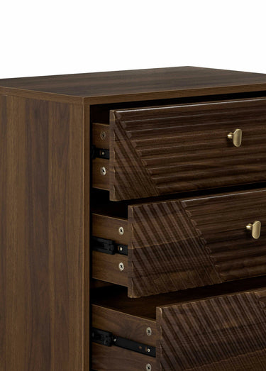 Table de chevet 4 tiroirs, bois rainuré Marron