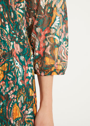Robe courte dentelle plissée imprimée col V Vert/Jaune