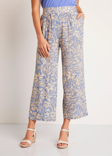Pantalon large taille élastiquée fleuri ou uni Bleu / Écru