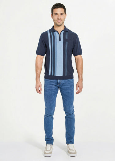 Polo zippé manches courtes rayures jacquard Marine