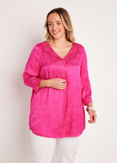 Tunique longue col V manches 3/4 Fuchsia