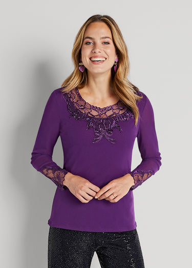 T-shirt court maille résille brodée Violine
