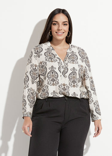 Blouse col V boutonné imprimé broderies Écru / Noir