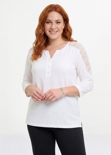 Tunique manches 3/4 col V boutonné dentelle Ecru