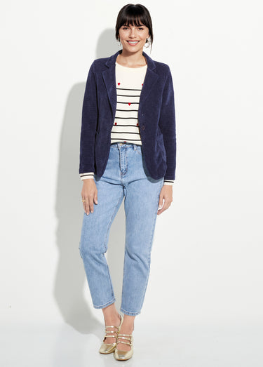 Veste col tailleur en velours reliefé Marine